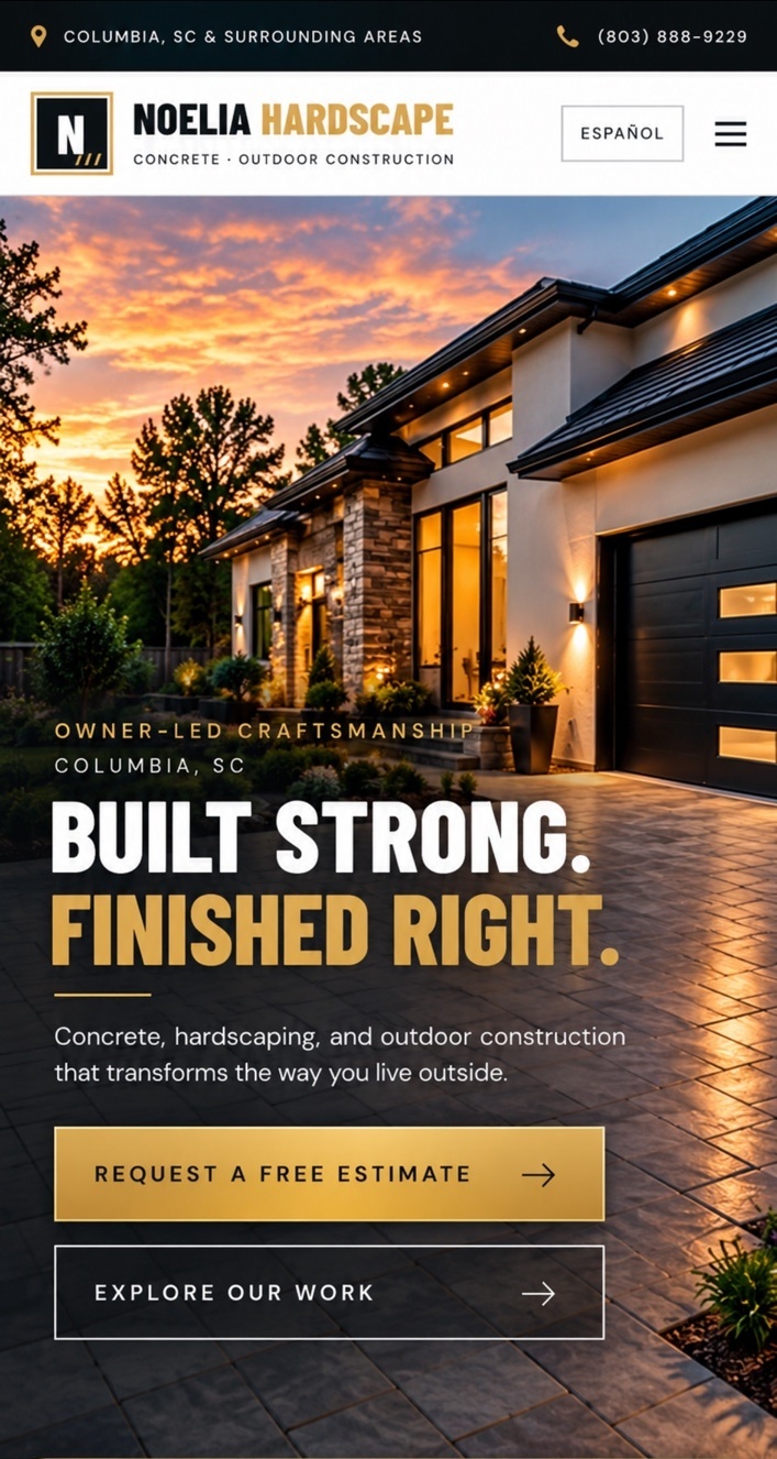 Noelia Landscaping & Hardscaping — Built Strong. Finished Right. Luxury driveway at sunset, request an estimate, explore work, call, text and send photos.